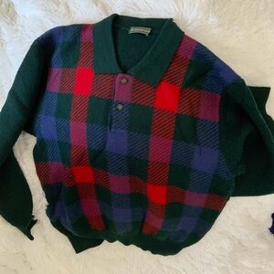 Men's Plaid Crewneck Sweater - Green, Red, Purple -  Vintage